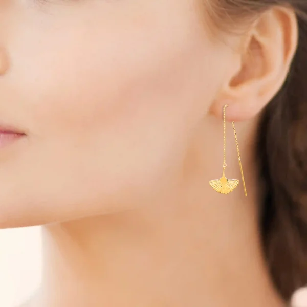 Boucles d'oreilles chaîne pendante feuille de gingko plaqué or