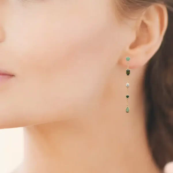 Boucles d'oreilles pendantes plaqué or émeraude aventurine et diamant synthétique