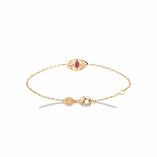 Bracelet plaqué or losanges rubis et quartz rose synthétiques