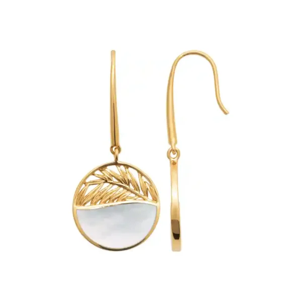 Boucles d'oreilles pendantes plaqué or branche de palmier et nacre