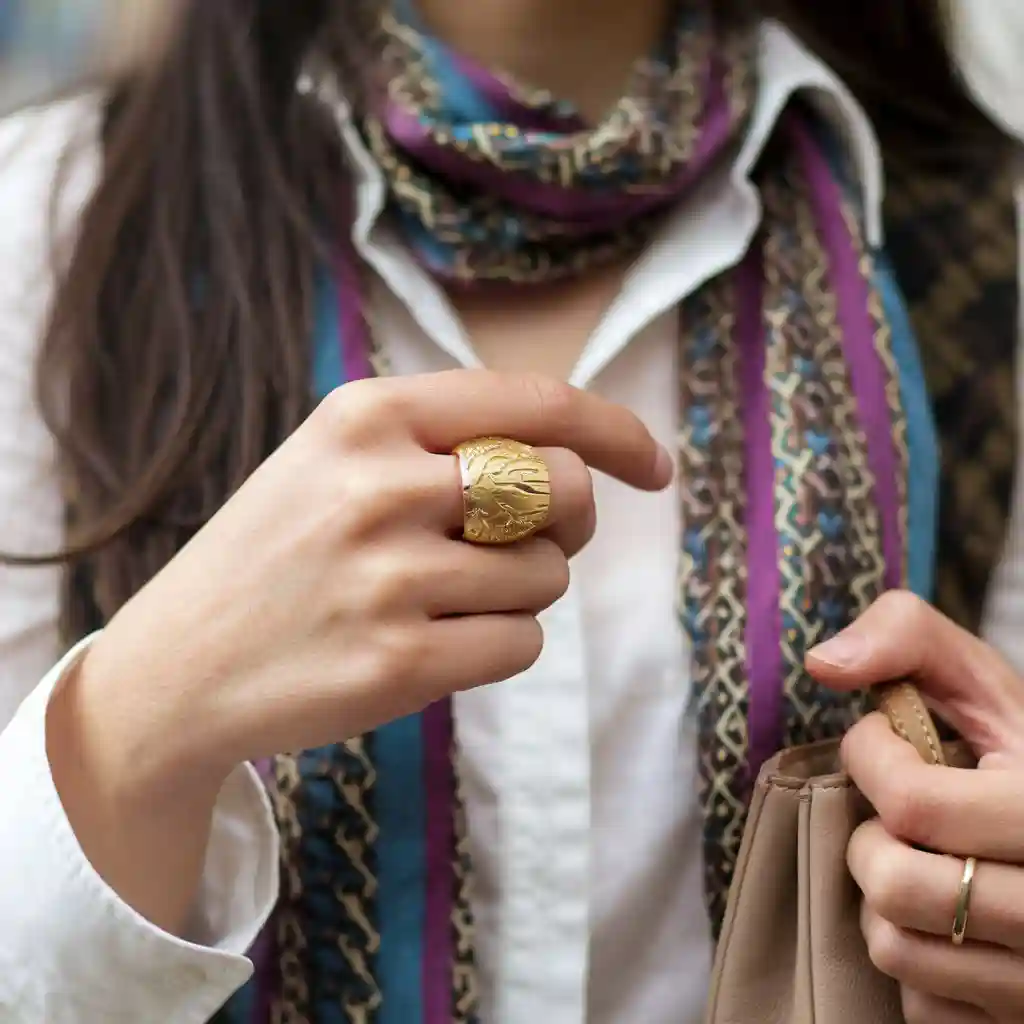 femme qui porte unne bague large et imposante au majeur
