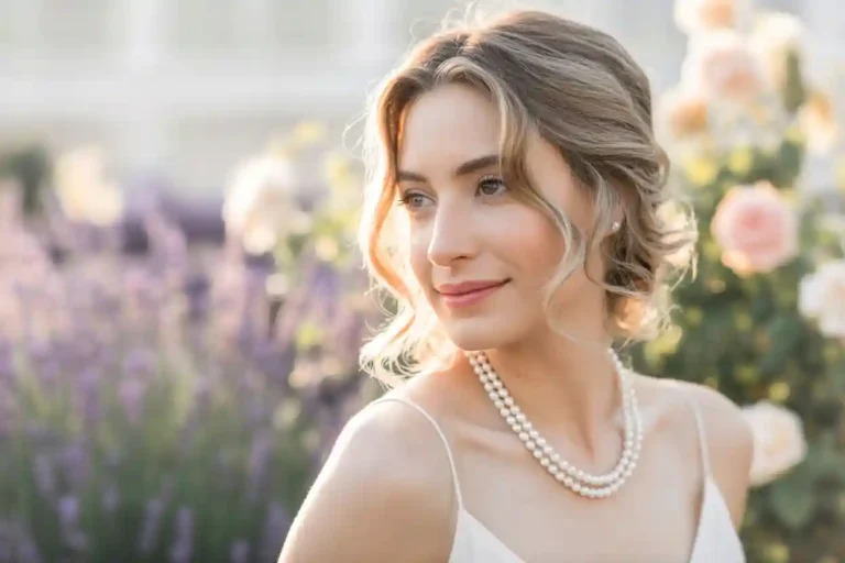 femme qui porte un joli collier de perles